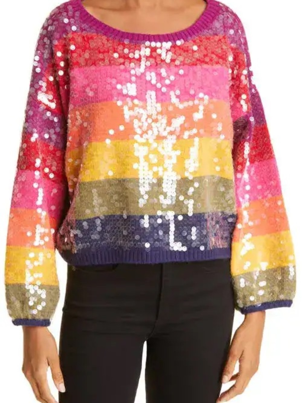 Farm Rio $225 Sequin Rainbow Stripe Women's Sweater - Multicolor XS NWOT